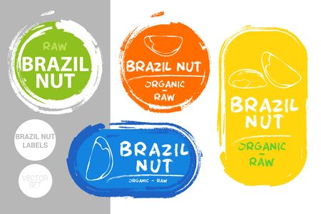 Brazil nuts colorful label set. Raw organic nuts Badge shapes. Creative Nut tags. Raw food stickers ready for web and print. Painting brush style labels. Brush stroke badges.のイラスト素材