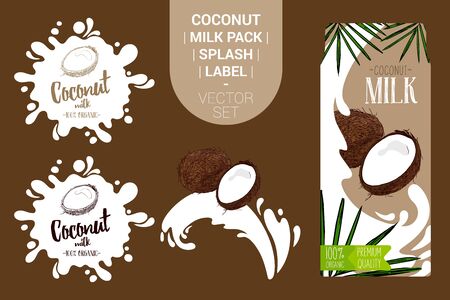 cartoon coconuts on juice splash. Fresh coconut milk pack with Organic labels tags and green palm leaves. Colorful tropical stickers. fruit badges with splash. Fruit vector package setのイラスト素材