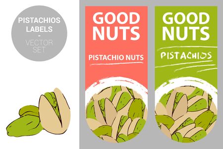 Pistachio nuts product labels in green and coral colors with Pistachio nut texture and brush stroke drawn creative design elements. Pistachios isolated on white background. Nut badges ready for web, print.のイラスト素材