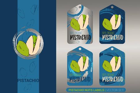Creative nut tags in silver and blue colors with circle brush stroke design elements. 100% organic pistachios vector set. Sketch pistachio nuts labels. Luxury stickers with hand drawn nutsのイラスト素材