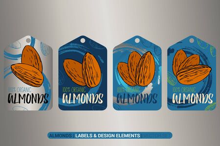 Creative nut tags in silver and blue colors with circle brush stroke design elements. 100% organic Almonds vector set. Sketch almond nuts labels. Luxury stickers ready for print and web.のイラスト素材