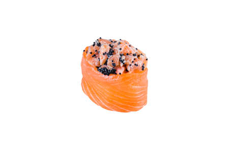 Japanese Gunkan Sushi with raw salmon and flying fish roe. Gunkan-poppy with Tobiko caviar, rice and salmon wrapped in salmon fillet. Side view Pan Asian dish Gunkan isolated on white backgroundの写真素材