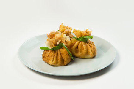 Side view of Holiday Russian starter dish blini with minced meat inside. Traditional crepes appetizer with fresh spring onion scallions. Delicious new year Christmas dishの写真素材