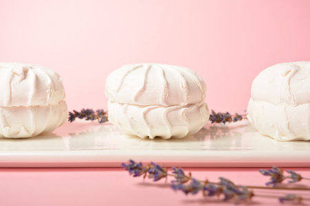 Three pieces of zefir sweet dessert on white plate served with dry lavender herbs on pastel pink background. Russian marshmallow of egg whites, fruit paste and organic apple pectin. Selective Focusの写真素材