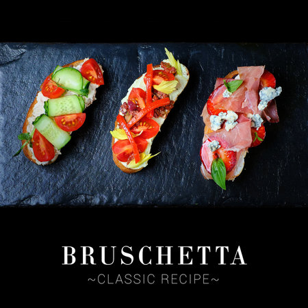 Side view of traditional Italian bruschetta set on black background. Ready square menu banner with text and copy space. Toasted baguette bread slices with tomatoes, cucumbers, Parma meat hamの写真素材