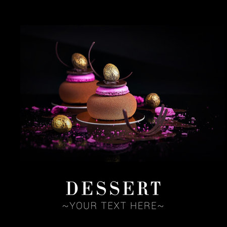 Side view of French chocolate dessert with macarons reflection. Traditional Dessert isolated on...