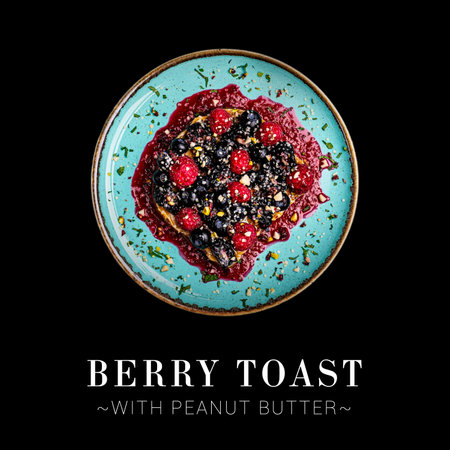 Top view of Belgian waffle toast with berries served on plate isolated on black background. Breakfast with jam, blueberries and raspberries. Ready menu advertising banner with text and copy spaceの写真素材