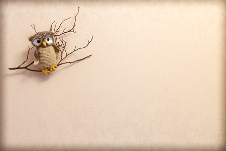 Isolated knitted owl on a branch on a beige backgroundの写真素材