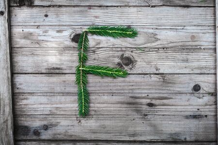 Letter from fir tree branches on aged wooden boardsの写真素材