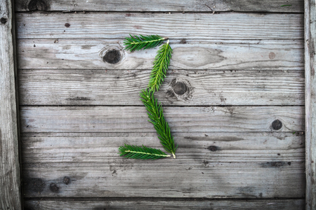 Letter from fir tree branches on aged wooden boardsの写真素材
