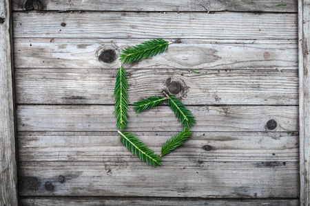 Letter from fir tree branches on aged wooden boardsの写真素材
