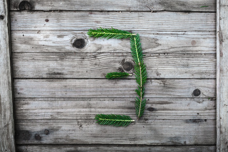 Letter from fir tree branches on aged wooden boardsの写真素材