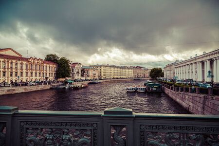 Saint Petersburg, Russia, August, 7, 2017 - View to Fontanka River from Anichkov Bridge. Toned Photo.のeditorial素材