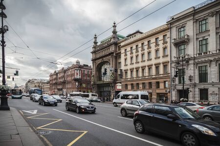 Saint Petersburg, Russia, August, 7, 2017 - View to Nevskiy Prospekt. Nevskiy Pr., 54, Shuvalov House,  Nevskiy Pr., 56, Eliseev Shop, Comedy Theatre, Profitable House.のeditorial素材