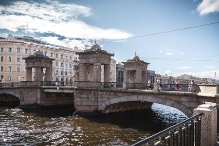 Saint Petersburg, Russia, August, 8, 2017 - Lomonosov bridge, Fontanka river, people walking.のeditorial素材