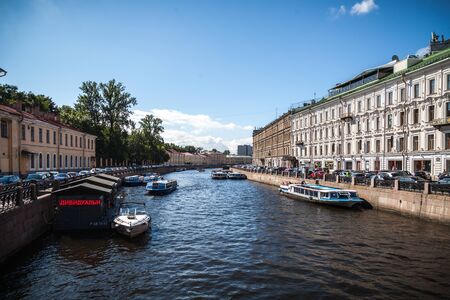 Saint Petersburg, Russia, August, 8, 2017 - View to Moyka river from the Green Bridge. Water walking vehicles.のeditorial素材