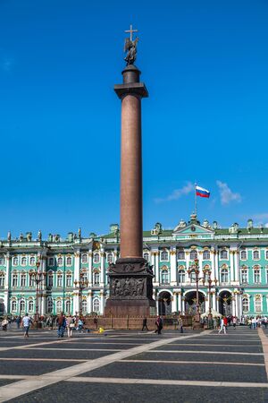 Saint Petersburg, Russia, August, 8, 2017 - View of the Palace Square, Winter Palace and Alexander Column. People are walking.のeditorial素材
