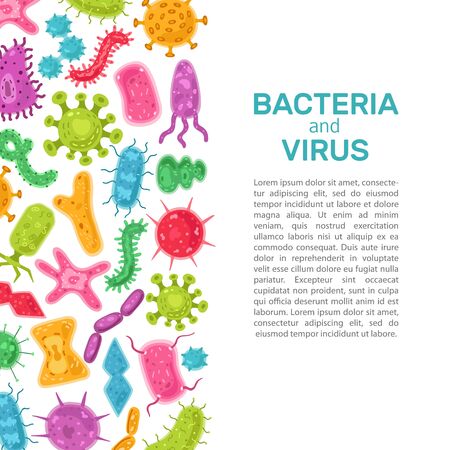 Medical colorful background with microorganisms and place for text. Vector background with viruses and bacteria.のイラスト素材
