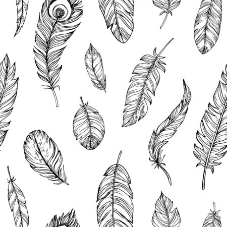 Hand drawn seamless pattern with feathers on white background.Vector illustration of sketchl style.のイラスト素材