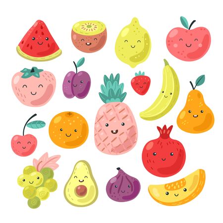 Cartoon funny fruits with face.  Banana, pineapple, kiwi, pear, apple, cherry, melon, lemon, plum, grapes, orange, avocado. Cute vector illustrations isolated on white background.のイラスト素材