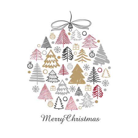 Christmas background with doodle trees in the form of a christmas ball. Design for greeting cards.のイラスト素材