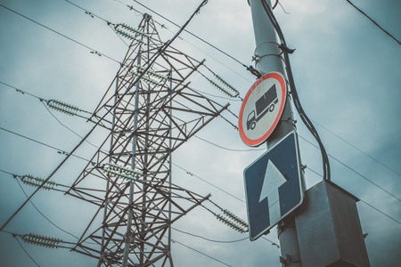 road signs against the skyの写真素材