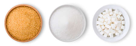 Closeup bowl of granules white sand  sugar isolated on white background with clipping path....