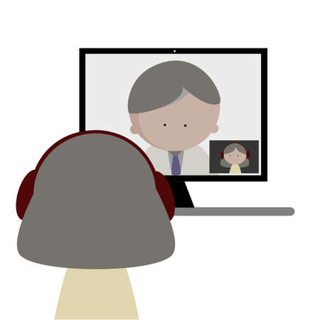 Business man and woman with headphone using laptop computer for web conference, video call and face time. Icon vector illustration. Remote working, telework conceptのイラスト素材