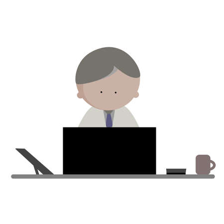 Business man work on laptop computer with tablet, calculator and cup of coffee on the office desk at workplace. Icon vector illustration. Online working, e-business, internet marketing concept.のイラスト素材