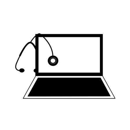 Modern laptop computer with medical stethoscope icon vector illustration isolated on white background. ehealth, telemedicine, online doctor or digital health concept.のイラスト素材