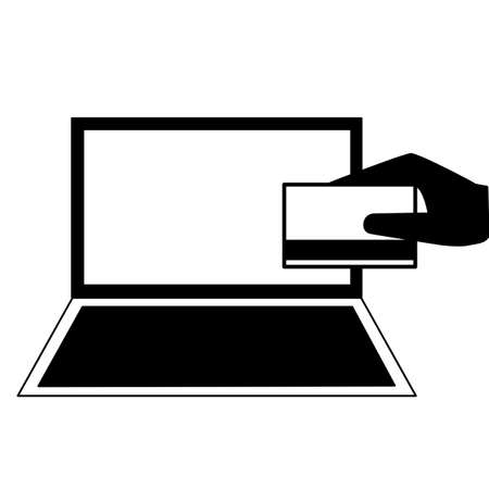 Hand holding credit card with laptop computer icon vector illustration isolated on white background. Internet banking, Online shopping and payment, e business concept.のイラスト素材