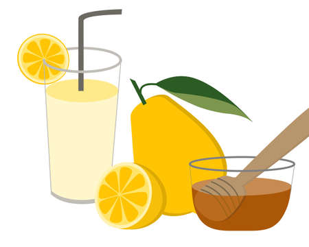 Fresh yellow lemon lime fruit with glass of limon juice and honey icon vector illustration isolated on white.のイラスト素材
