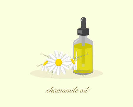 Dropper bottle of essential chamomile flower oil isolated on yellow background. Icon vector illustration.のイラスト素材