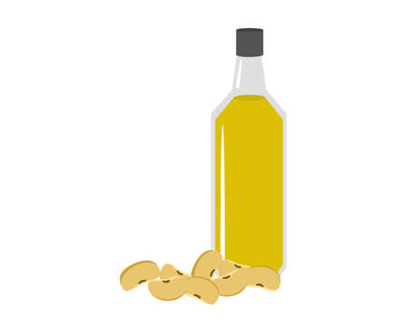 Bottle of soy bean oil with soybeans isolated on white background. Cartoon icon vector illustration.のイラスト素材