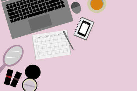 Modern creative business office desk with workspace flat design vector illustration. Top view woman workplace desktop background with flow items accessories.のイラスト素材