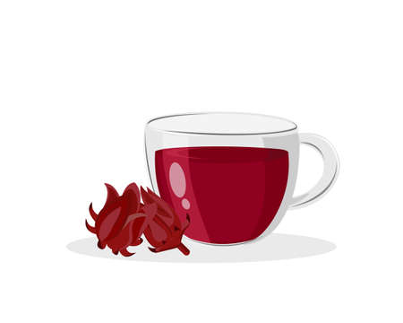Glass cup of red hibiscus juice tea and fresh Roselle fruit (Jamaica sorrel, Rozelle, Sorelle or hibiscus sabdariffa ) isolated on white background. Icon vector illustration.のイラスト素材