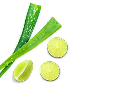 Closeup fresh aloe vera leaf with green lime fruit slice isolated on white background. Top view. Flat lay.の写真素材