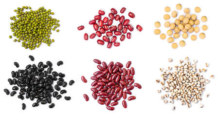 Collection of mix bean ( red kidney, green mung, black bean, soy beans, and millet ) isolated on white background. Top view. Flat lay.の写真素材