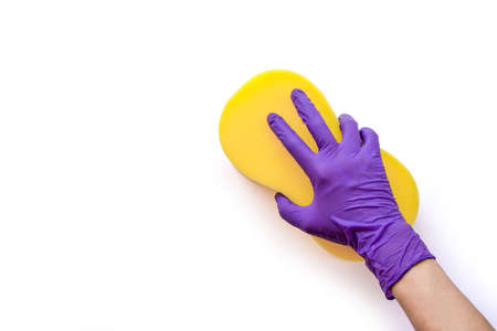 Closeup hand with glove holding yellow sponge for cleaning isolated on white background with clipping path.の写真素材