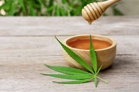 Fresh organic Cannabis leaf ( Marijuana ) and pure honey in wooden bowl isolated on wood table  background. Honey CBD concept. Copy space for text and content.の写真素材