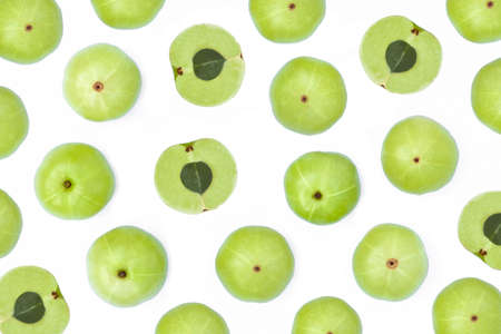 Set of Indian gooseberry fruits ( Amla,  phyllanthus emblica ) isolated on white background. Top view. Flat lay.の写真素材