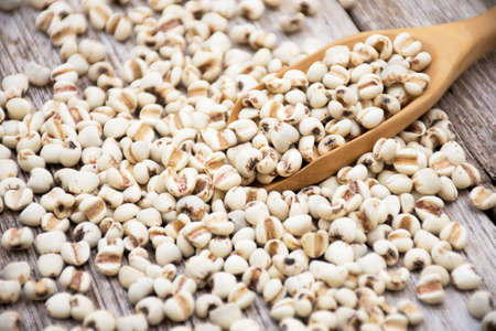 Adlay millet (white Job's tears , pearl millet or coix seeds ) in wooden scoop isolated on wood...