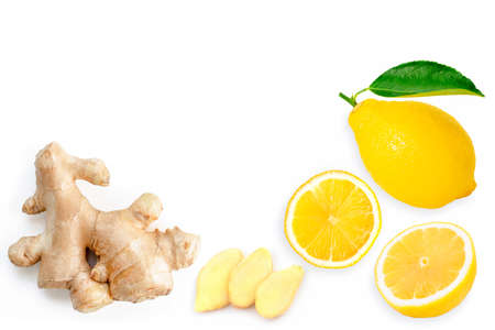 Ginger and lemon isolated on white background. Top view. Flat lay.