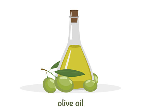 Bottle of fresh extra virgin oil with green leaves isolated on white background. Icon vector illustration.のイラスト素材