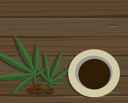 Cup of coffee with cannabis leaf and roasted coffee beans isolated on wood table background. Vector illustration. Top view. Flat lay.のイラスト素材