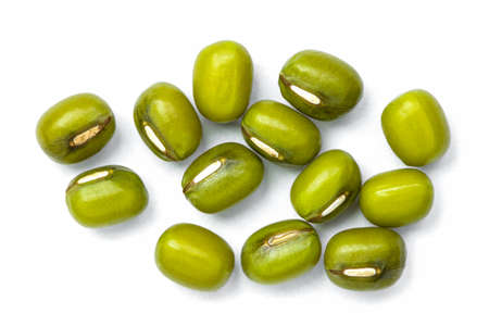 Group of green mung beans isolated on white background. Top view. Flat lay. Macro