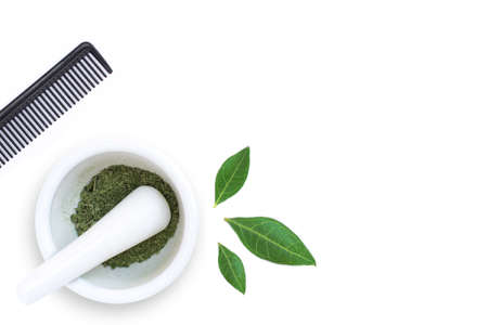 Herbal Henna hair dye powder. Natural product for organic hair colouring. Top view. Flatlay.の写真素材