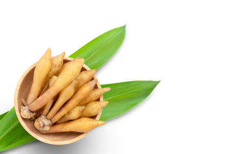 Finger root in wooden bowl with green leaf  isolated on white background. Top view. Flat lay.の写真素材