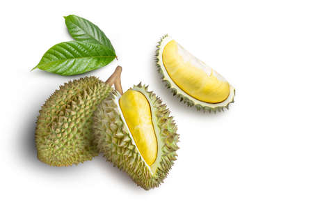 Durian fruit with green leaf isolated on white background. Top view. Flat lay. Copy space.