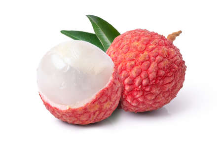 Lychee fruit with green leaf isolated on white background.